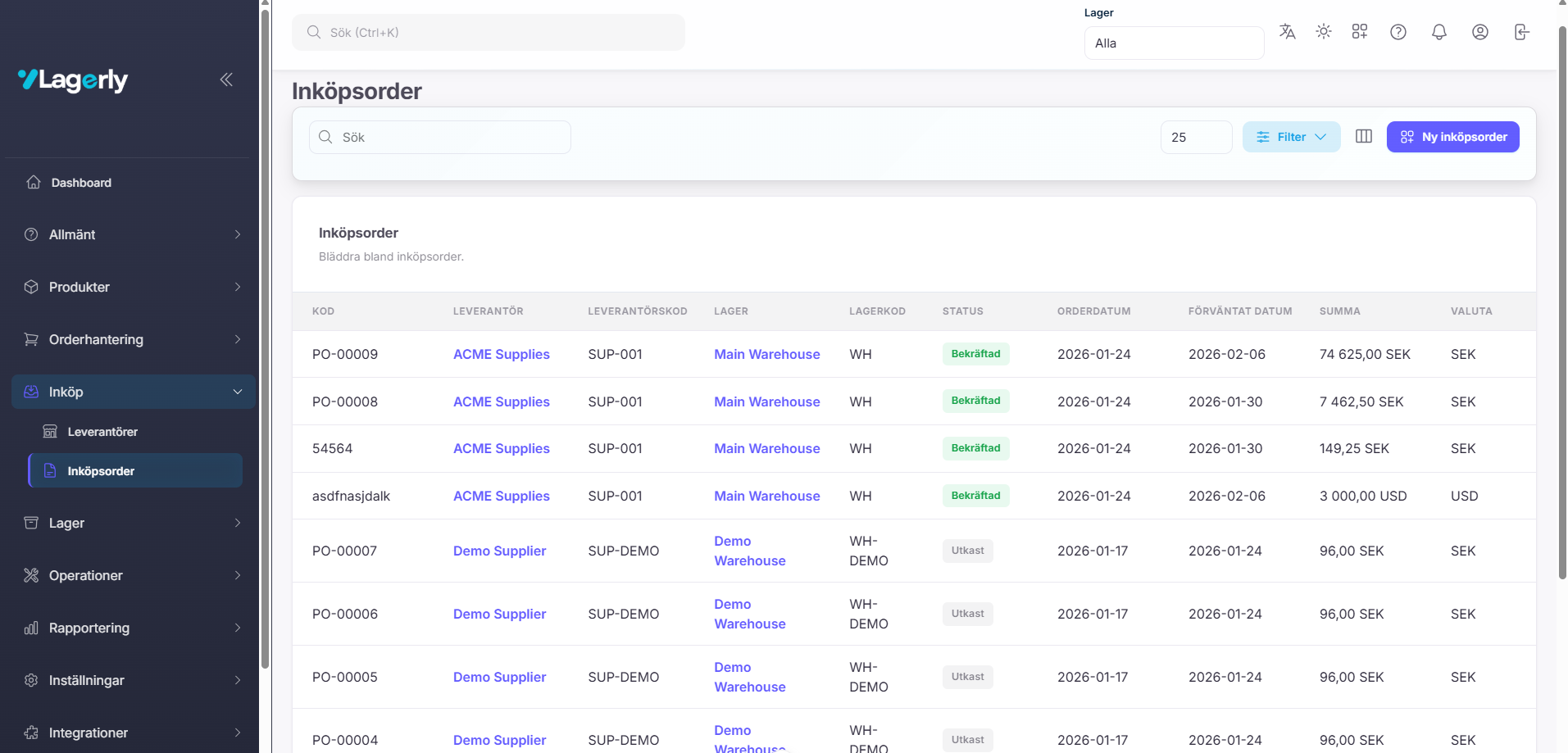 Lista över inköpsordrar